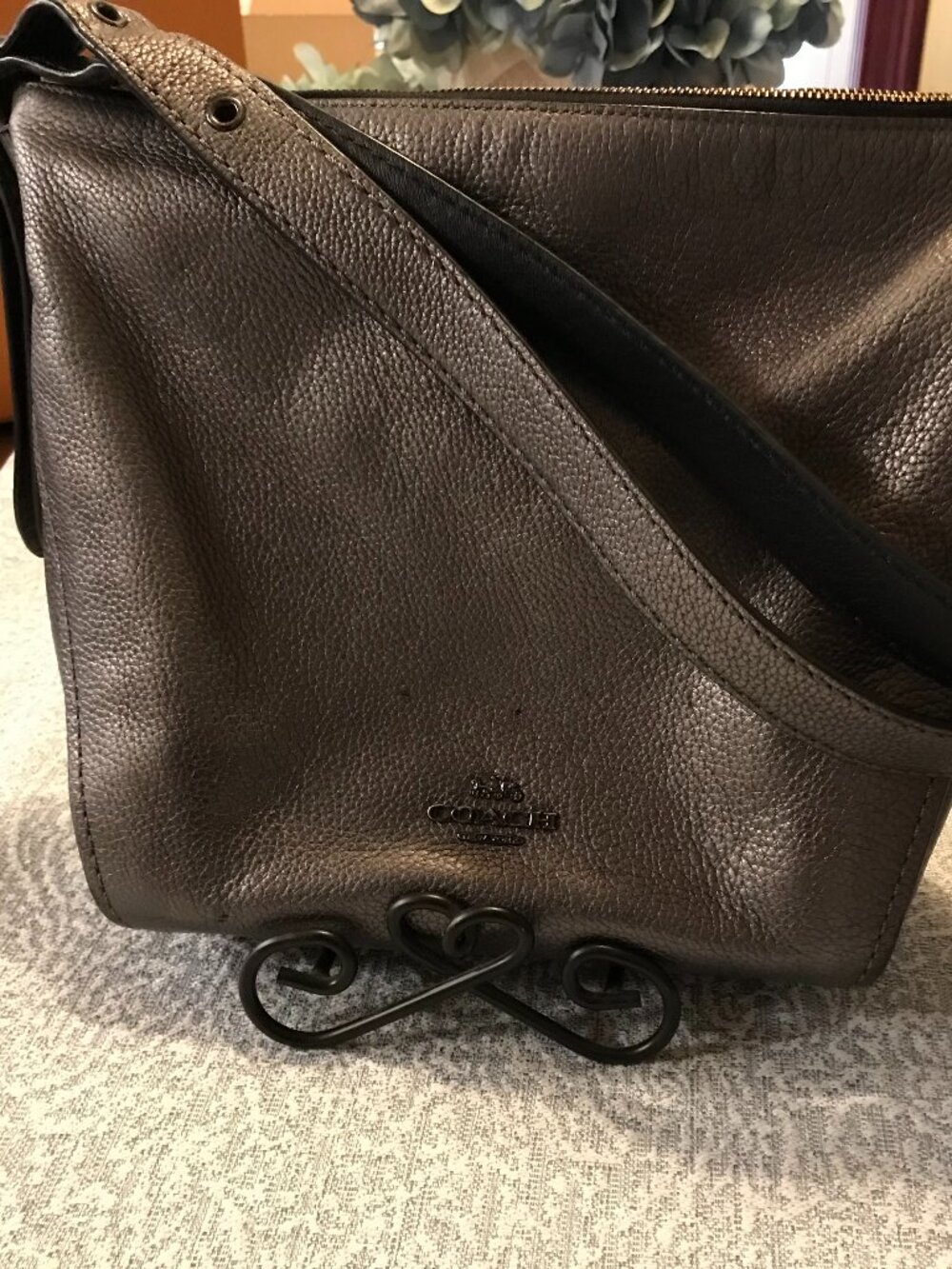 Coach Dufflette Metallic Gray Pebbled Leather Crossbody Shoulder Bag